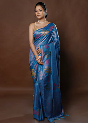 Blue Dupion Silk Saree With Blouse Piece