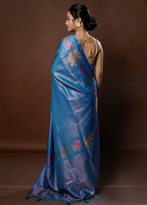 Blue Dupion Silk Saree With Blouse Piece