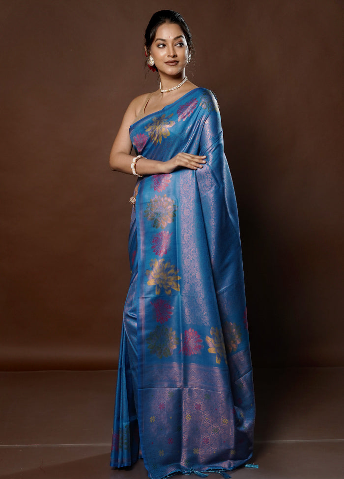 Blue Dupion Silk Saree With Blouse Piece