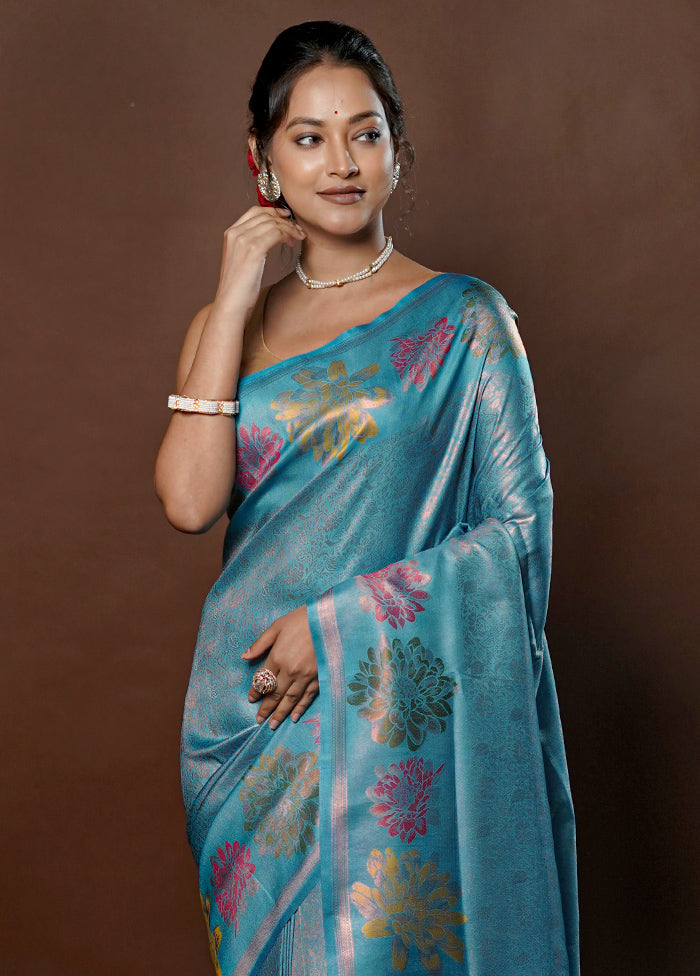 Blue Dupion Silk Saree With Blouse Piece - Indian Silk House Agencies