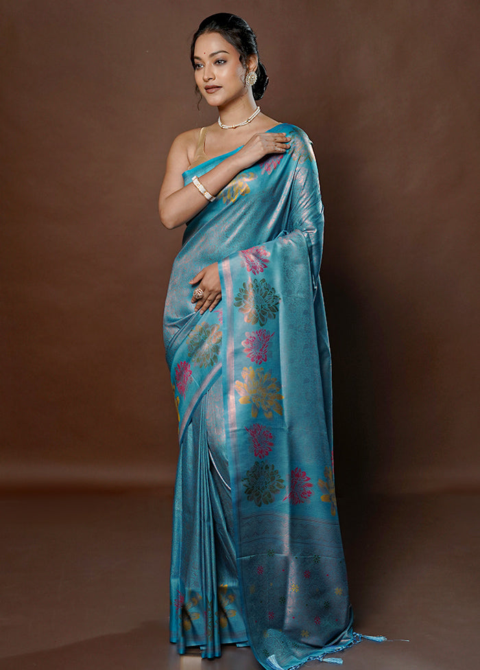 Blue Dupion Silk Saree With Blouse Piece - Indian Silk House Agencies