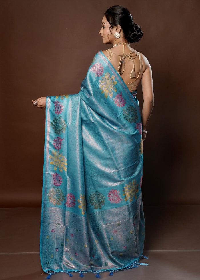 Blue Dupion Silk Saree With Blouse Piece