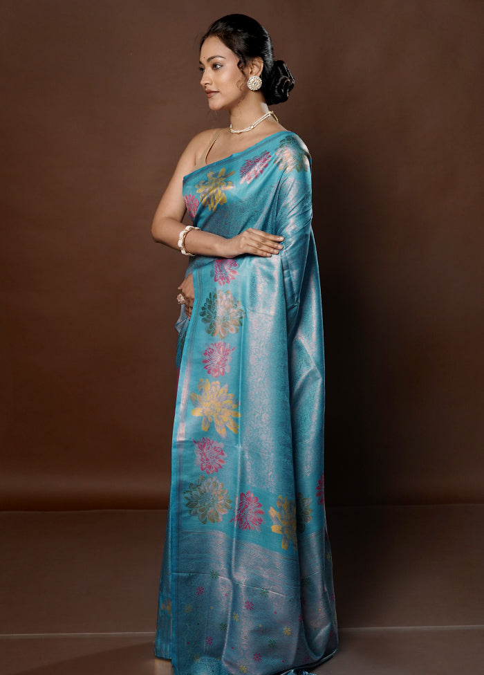 Blue Dupion Silk Saree With Blouse Piece