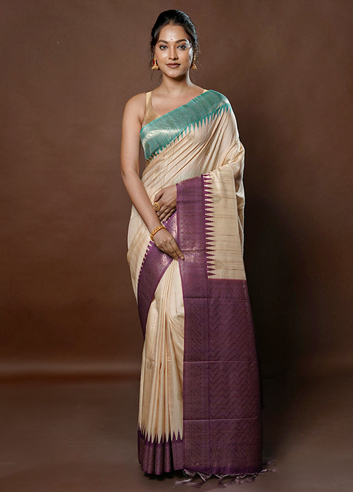 Cream Tussar Silk Saree With Blouse Piece - Indian Silk House Agencies