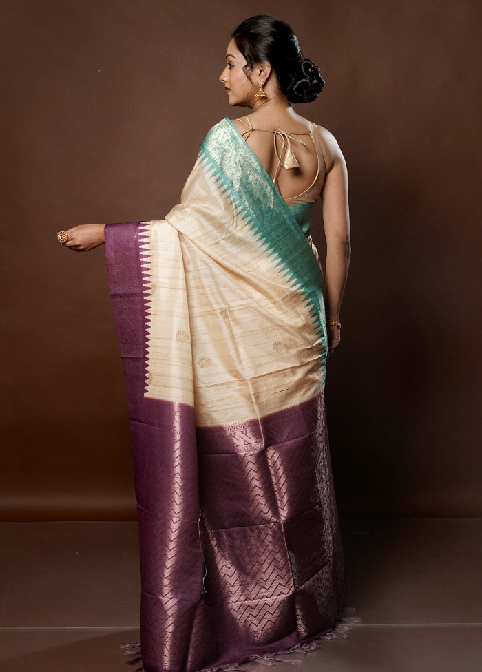 Cream Tussar Silk Saree With Blouse Piece - Indian Silk House Agencies