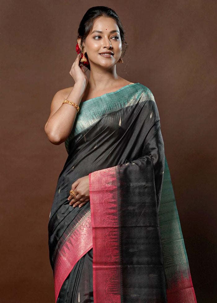 Black Tussar Silk Saree With Blouse Piece - Indian Silk House Agencies