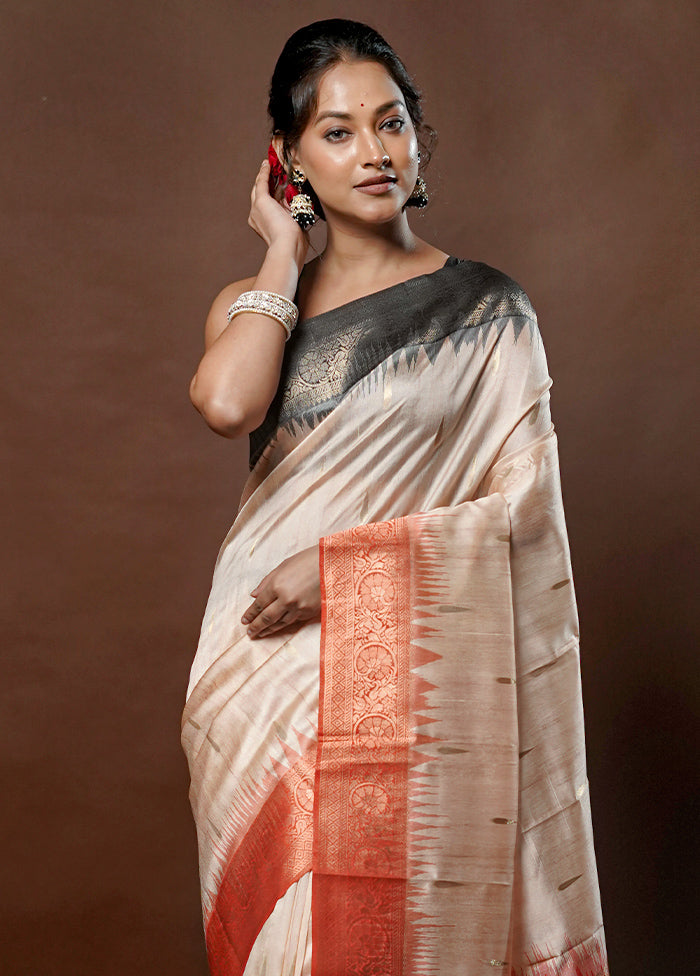 Cream Tussar Silk Saree With Blouse Piece - Indian Silk House Agencies