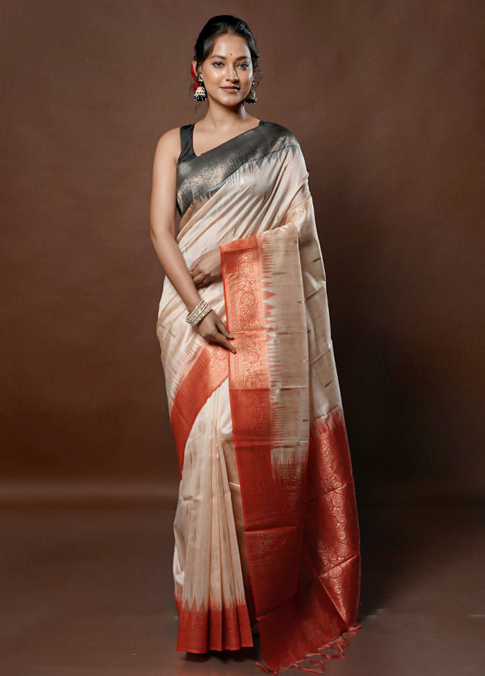 Cream Tussar Silk Saree With Blouse Piece - Indian Silk House Agencies