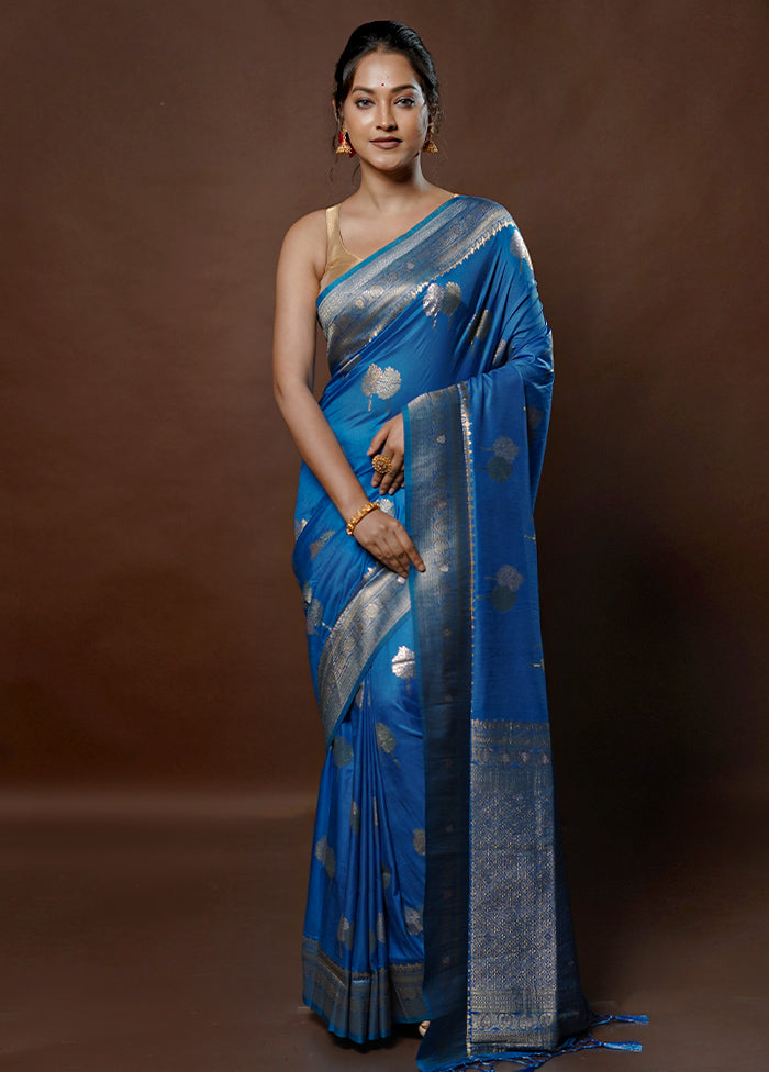 Blue Dupion Silk Saree With Blouse Piece