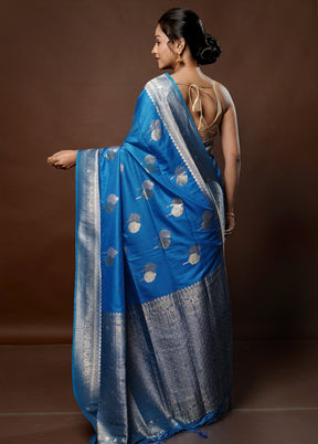 Blue Dupion Silk Saree With Blouse Piece