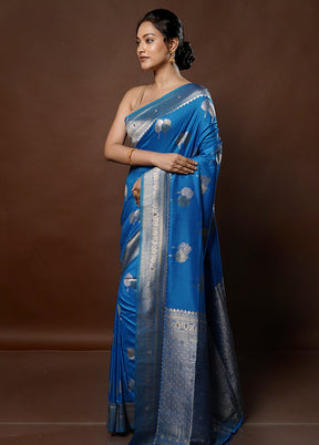 Blue Dupion Silk Saree With Blouse Piece