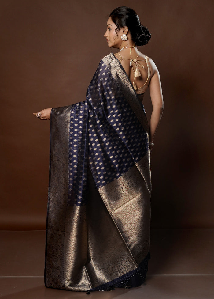 Blue Dupion Silk Saree With Blouse Piece