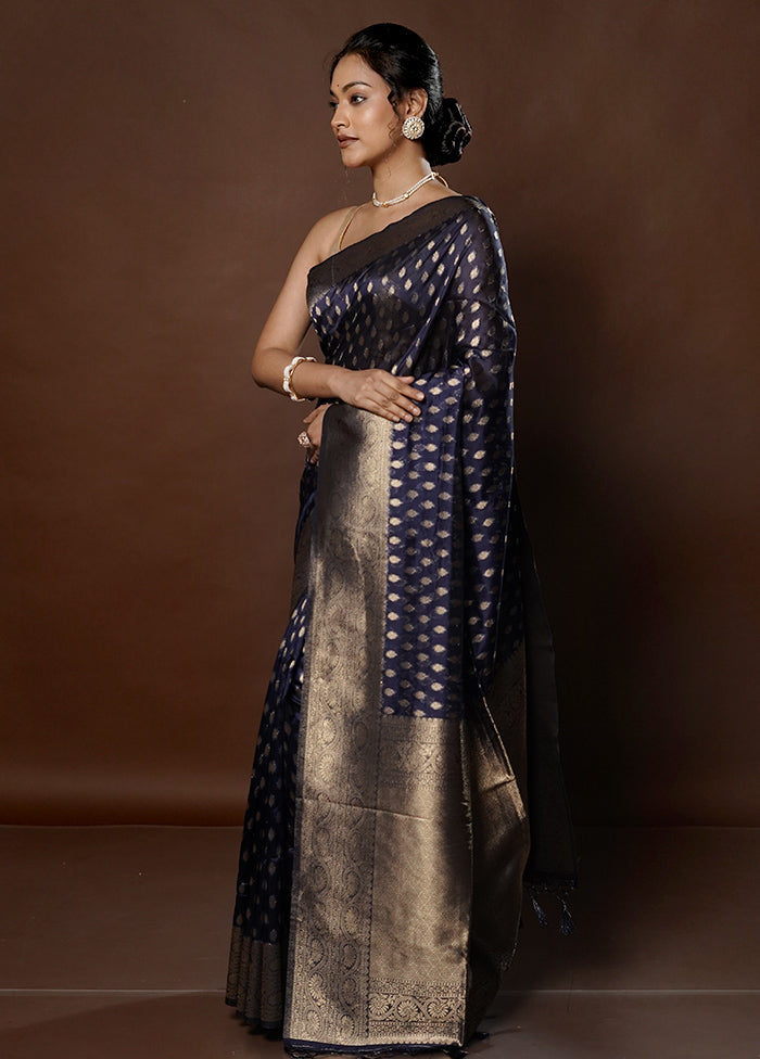 Blue Dupion Silk Saree With Blouse Piece