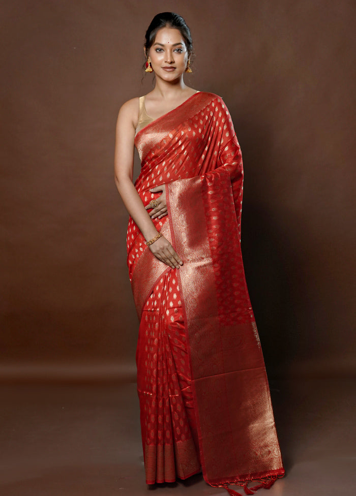 Red Dupion Silk Saree With Blouse Piece