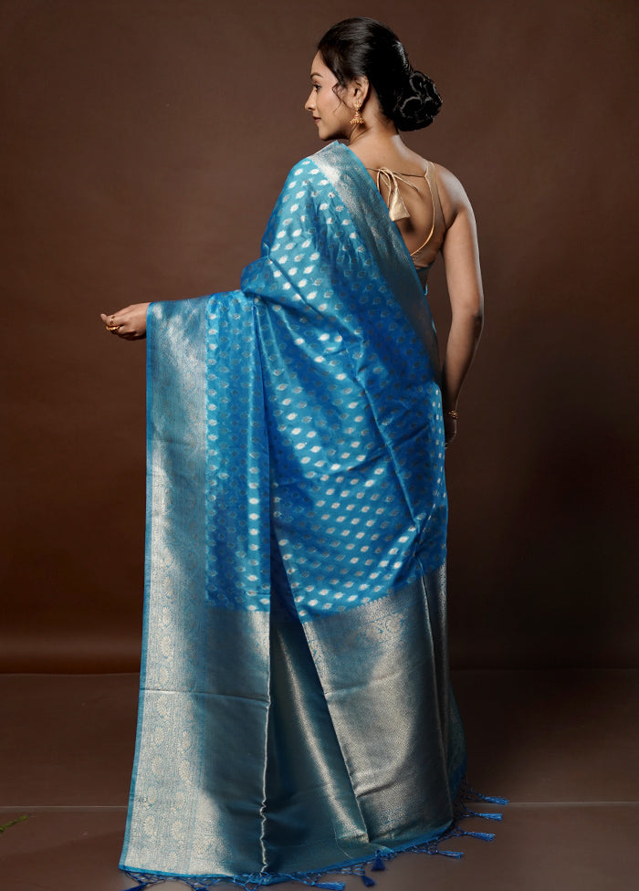 Blue Dupion Silk Saree With Blouse Piece