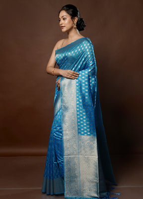 Blue Dupion Silk Saree With Blouse Piece