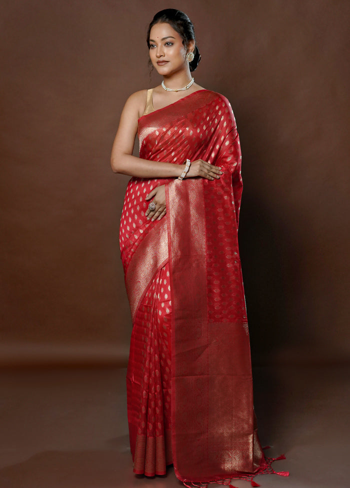 Red Dupion Silk Saree With Blouse Piece