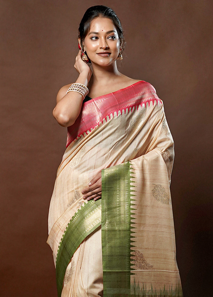 Cream Tussar Silk Saree With Blouse Piece