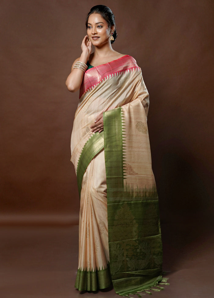 Cream Tussar Silk Saree With Blouse Piece