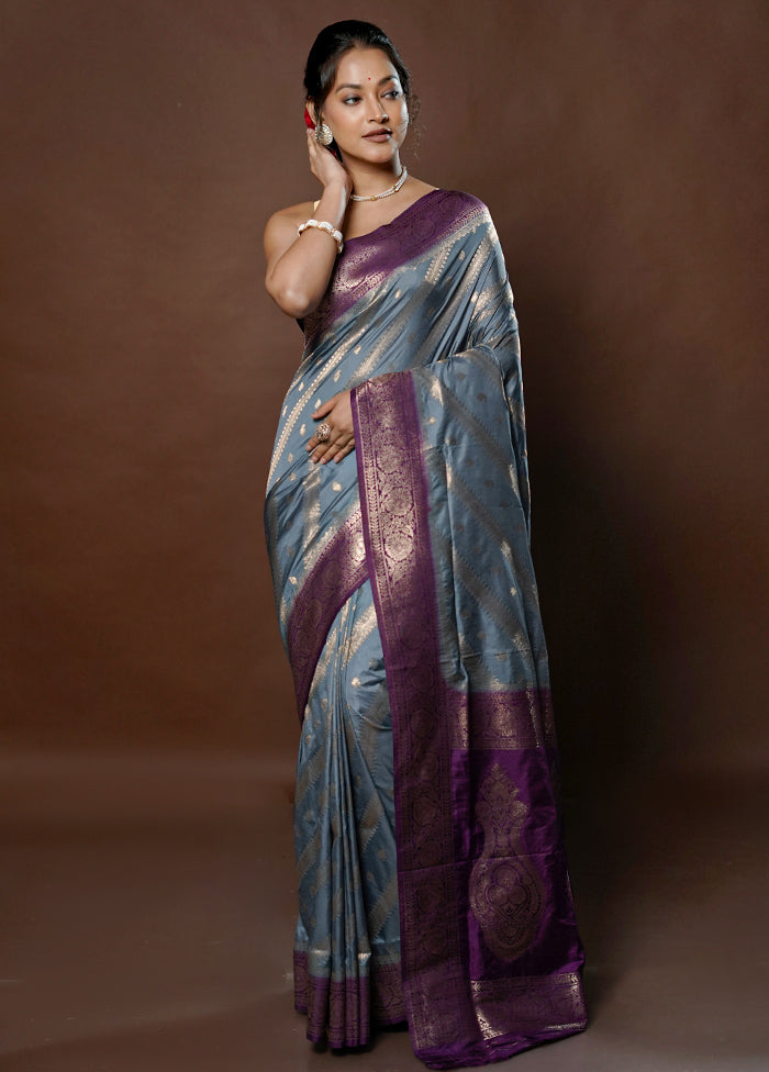 Grey Dupion Silk Saree With Blouse Piece