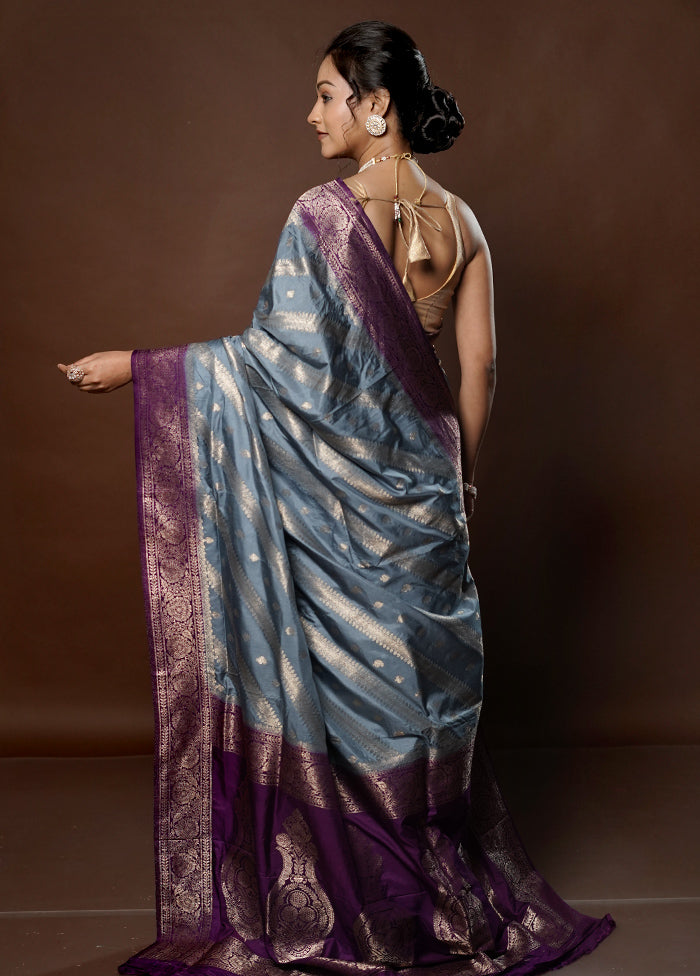 Grey Dupion Silk Saree With Blouse Piece