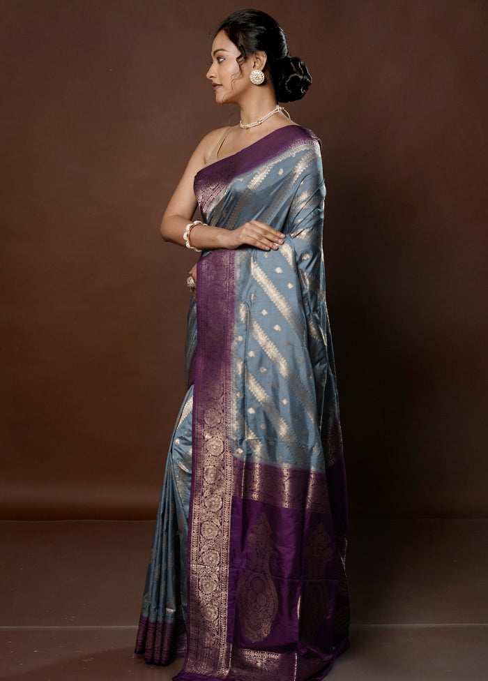 Grey Dupion Silk Saree With Blouse Piece