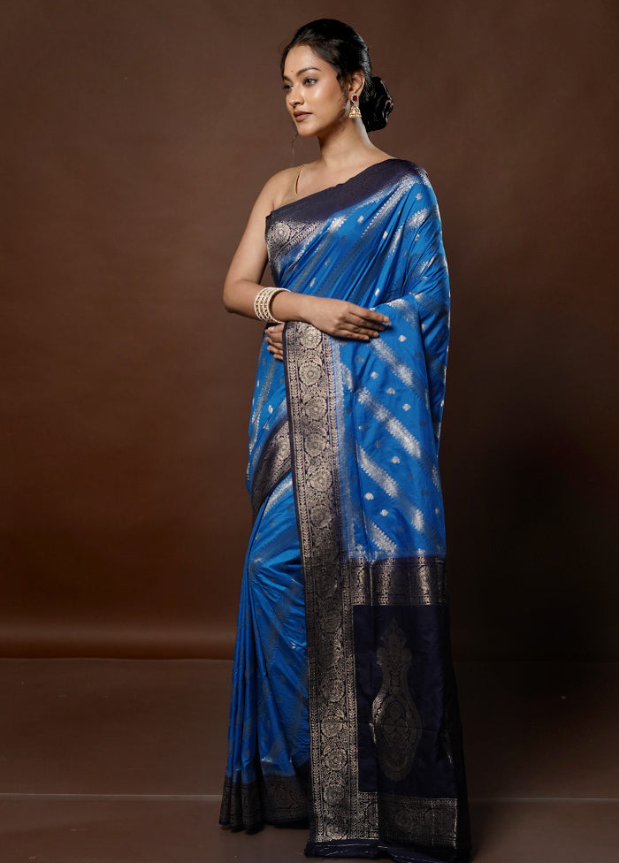 Blue Dupion Silk Saree With Blouse Piece