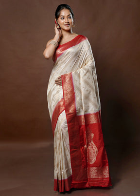 Cream Dupion Silk Saree With Blouse Piece