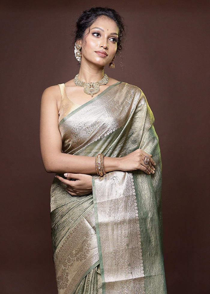 Green Crushed Tissue Silk Saree With Blouse Piece
