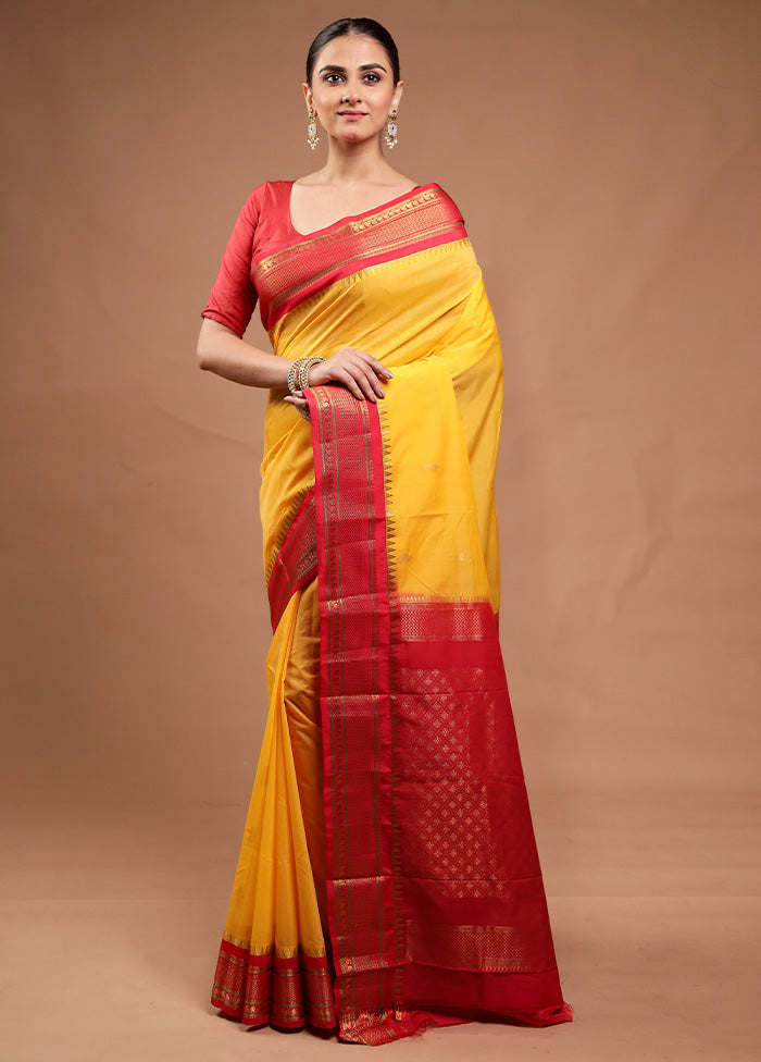 Yellow Gadwal Silk Saree Without Blouse Piece