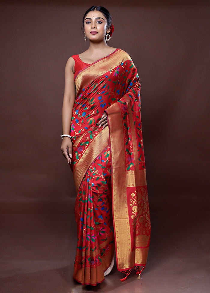 Red Dupion Silk Saree With Blouse Piece