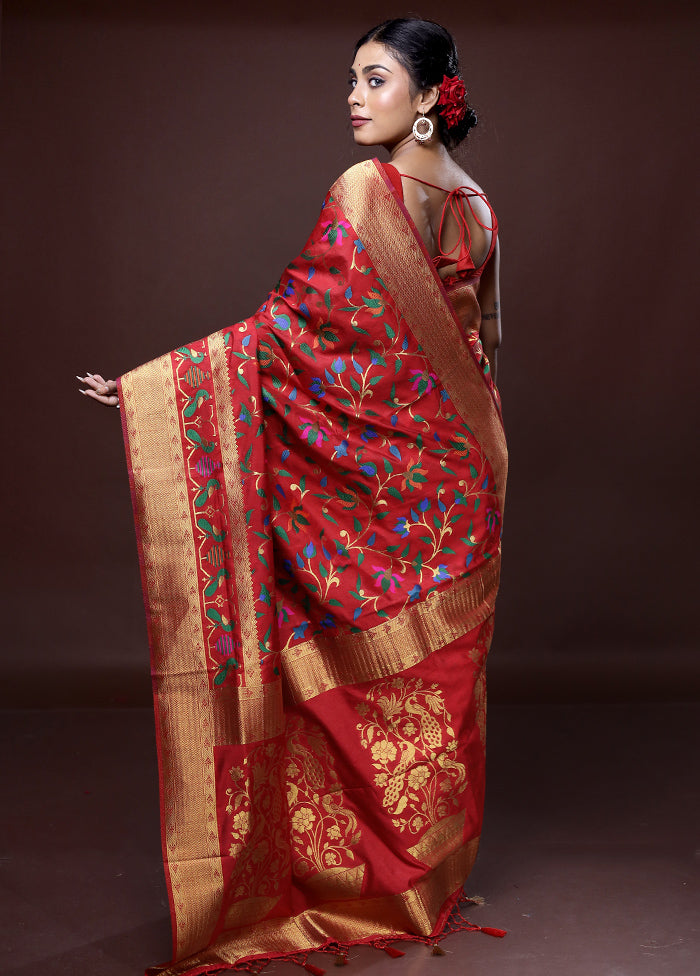 Red Dupion Silk Saree With Blouse Piece