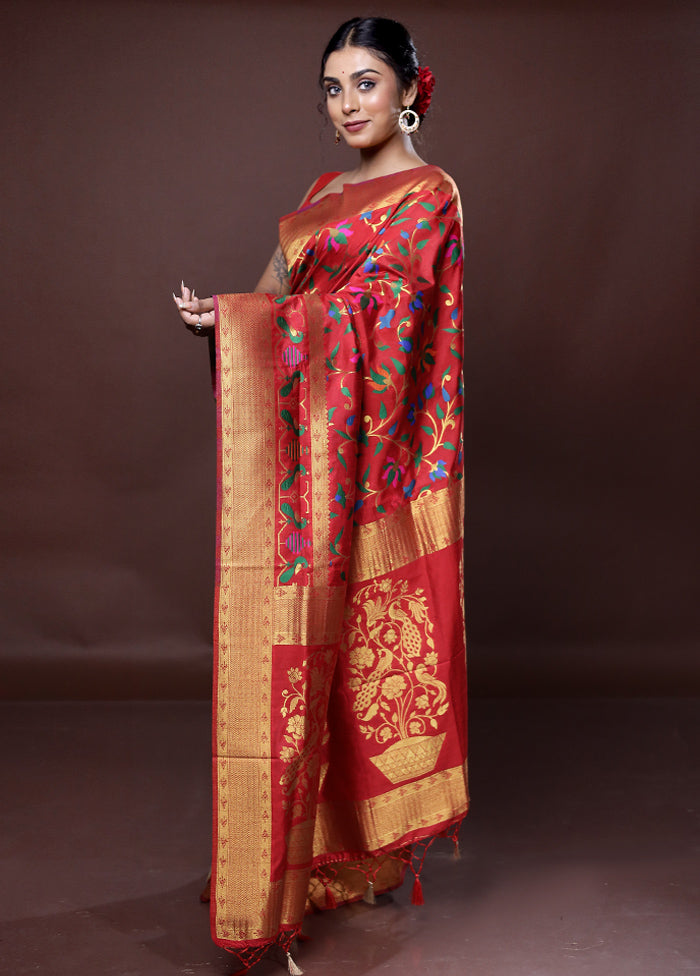 Red Dupion Silk Saree With Blouse Piece