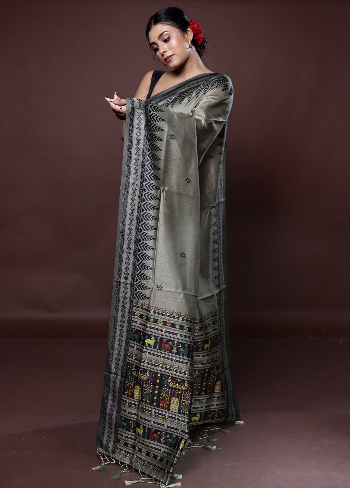 Grey Dupion Silk Saree With Blouse Piece