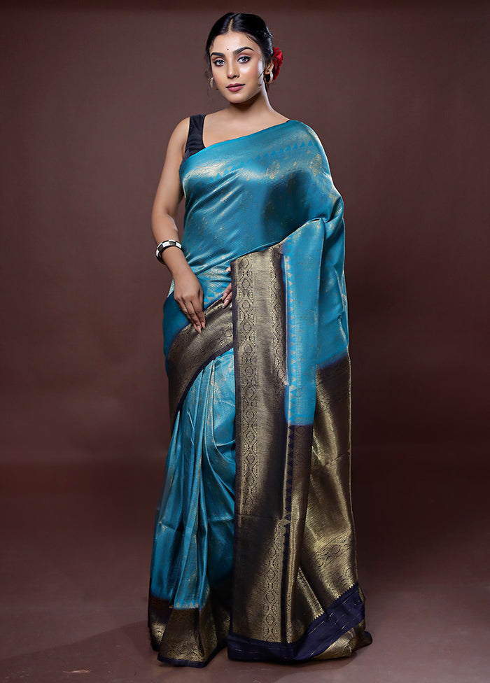 Blue Dupion Silk Saree With Blouse Piece