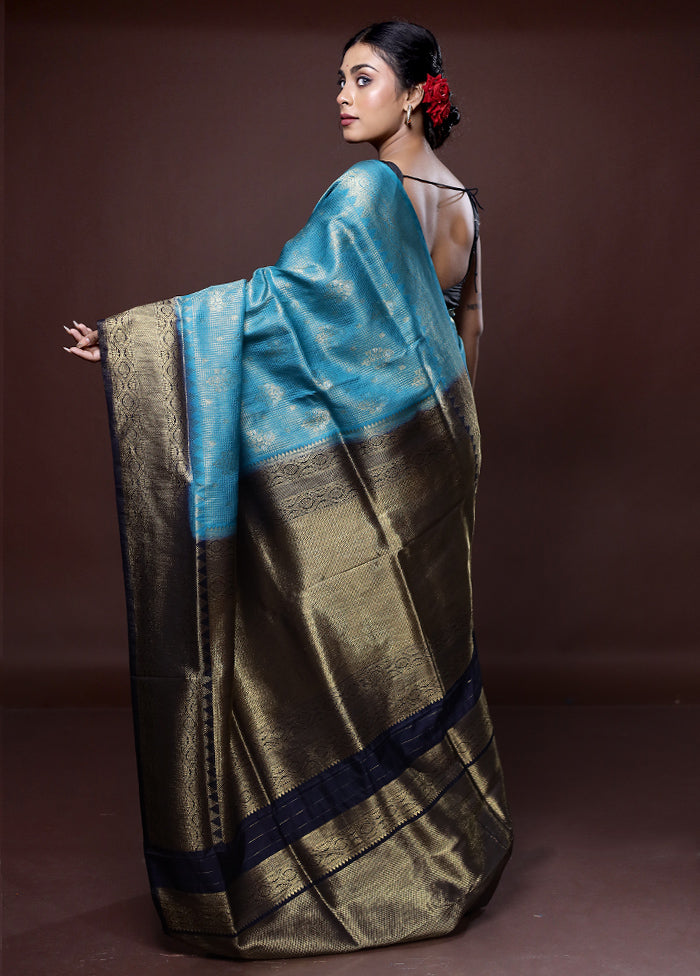 Blue Dupion Silk Saree With Blouse Piece