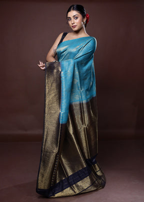 Blue Dupion Silk Saree With Blouse Piece