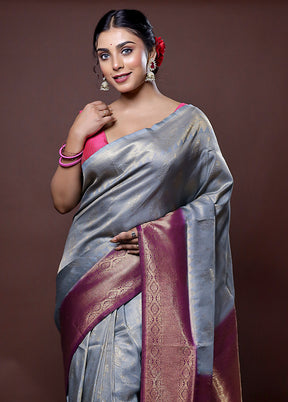 Grey Dupion Silk Saree With Blouse Piece