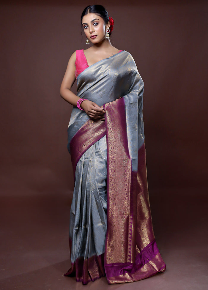 Grey Dupion Silk Saree With Blouse Piece