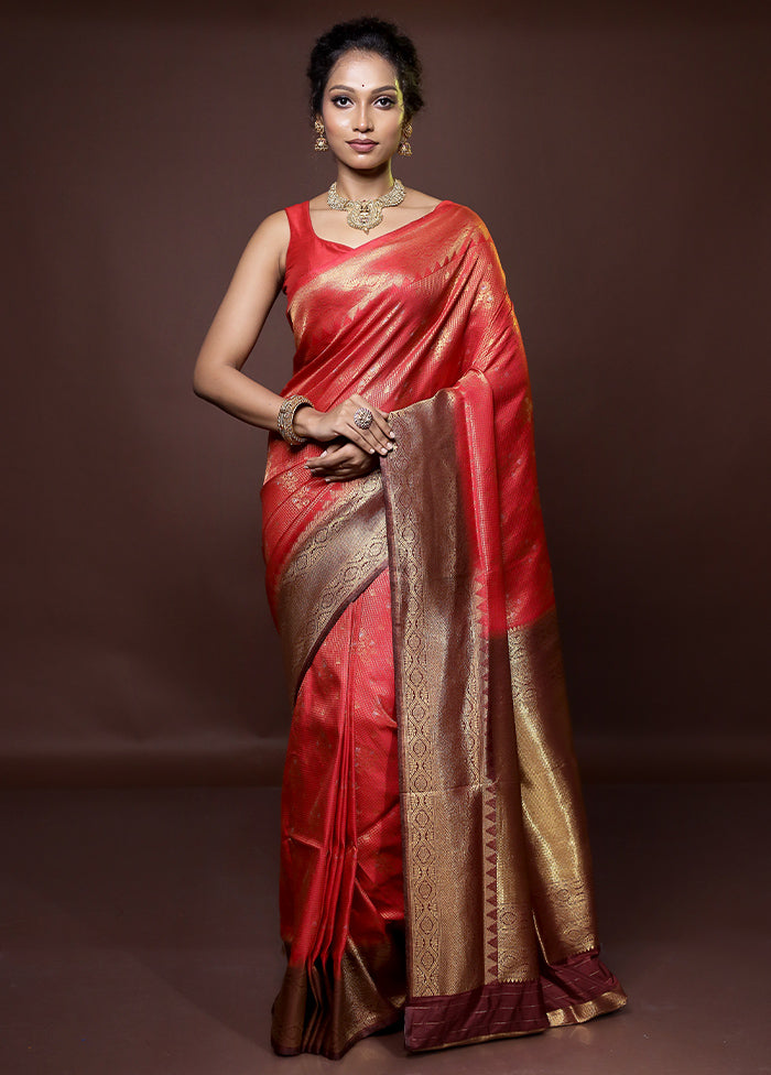 Red Dupion Silk Saree With Blouse Piece