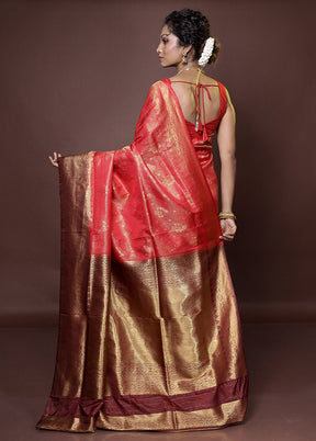 Red Dupion Silk Saree With Blouse Piece