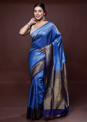 Blue Dupion Silk Saree With Blouse Piece