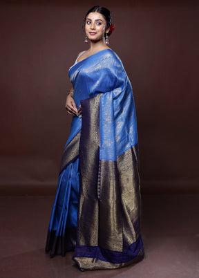 Blue Dupion Silk Saree With Blouse Piece