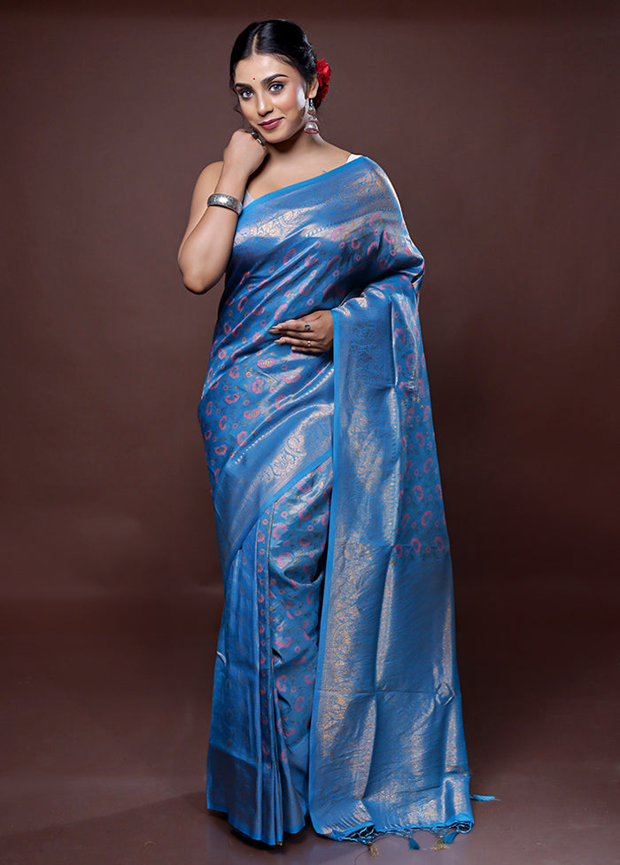 Blue Dupion Silk Saree With Blouse Piece