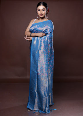 Blue Dupion Silk Saree With Blouse Piece