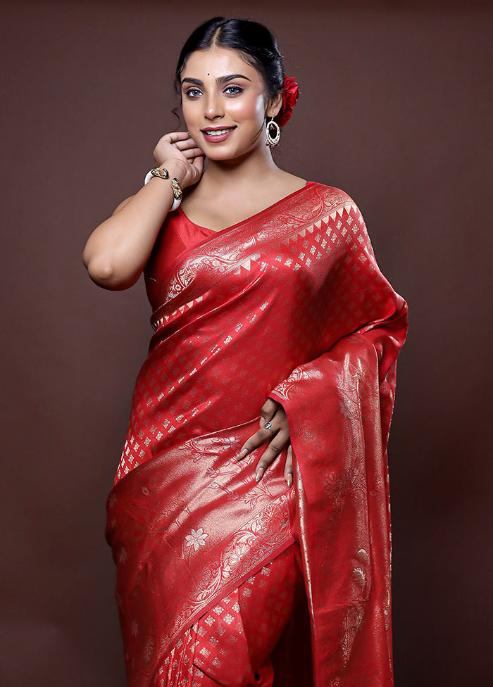 Red Dupion Silk Saree With Blouse Piece