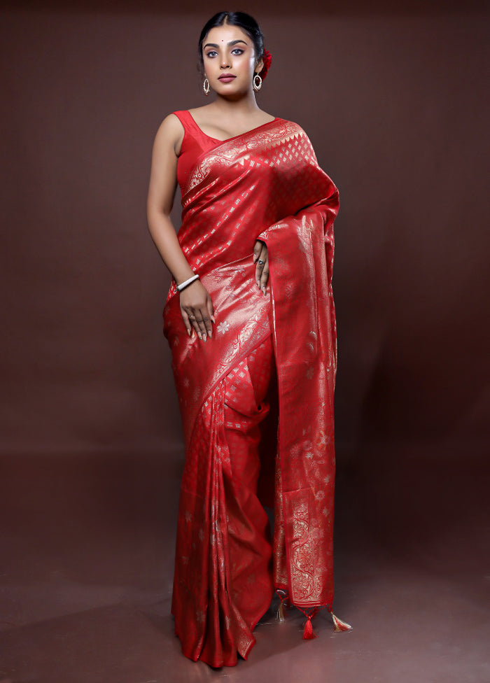 Red Dupion Silk Saree With Blouse Piece