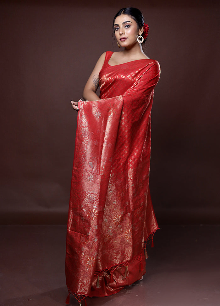 Red Dupion Silk Saree With Blouse Piece