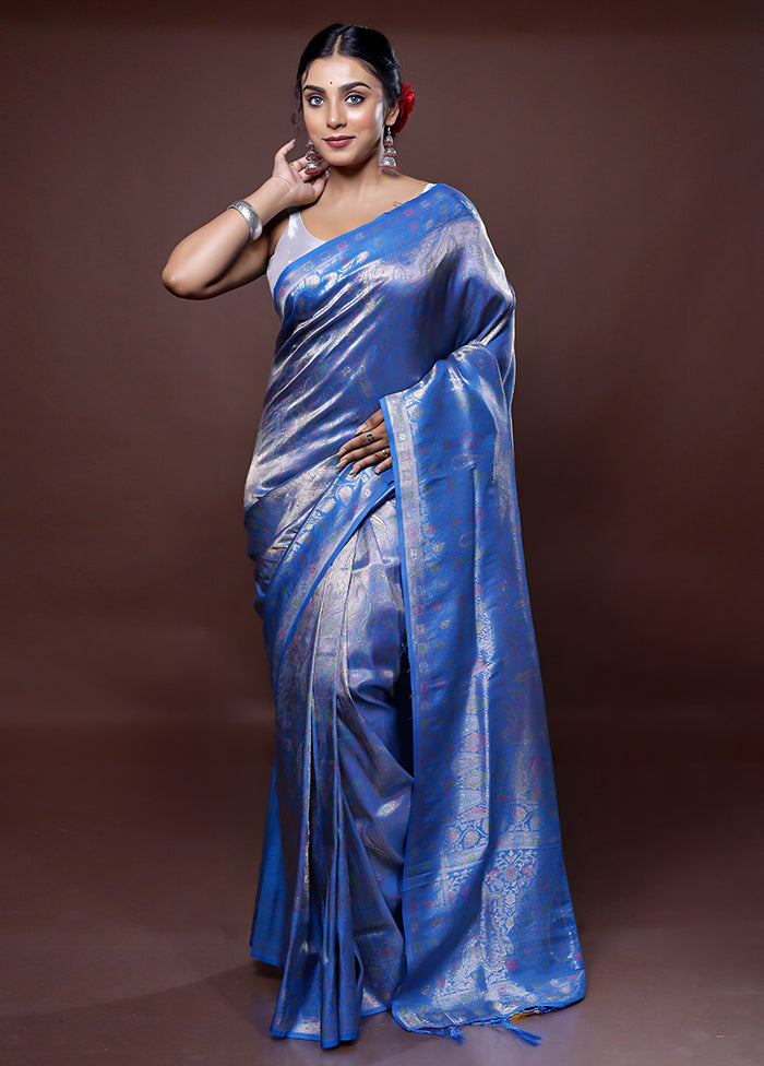 Blue Dupion Silk Saree With Blouse Piece