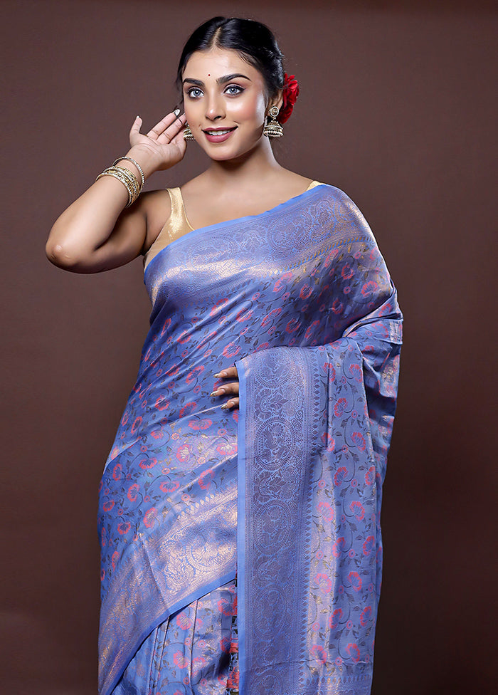 Blue Dupion Silk Saree With Blouse Piece